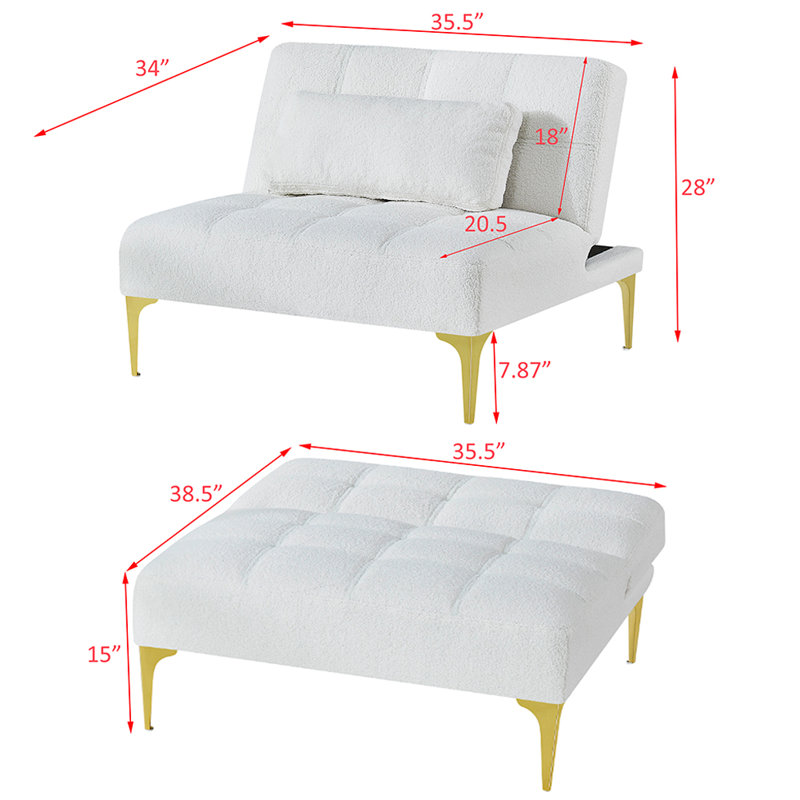 Canapé-lit de futon convertible, canapé-lit moderne en tissu en peluche avec pieds réglables en métal, blanc