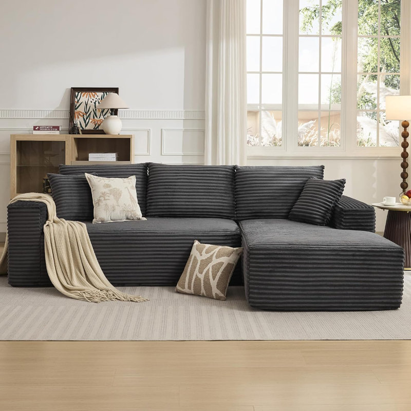 Canapé modulaire rembourré en tissu de velours côtelé en L 108 po avec méridienne 108 po, Velours côtelé gris