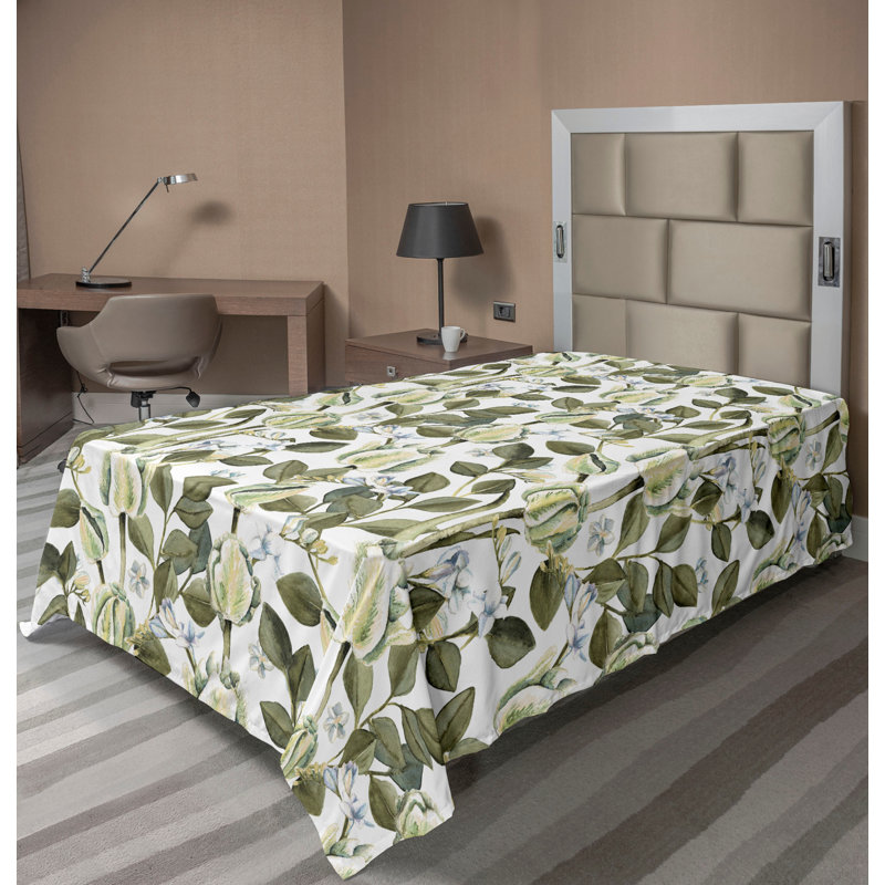 Drap plat Ambesonne, Vert ,blanc / floral, Drap plat pour lit simple TG