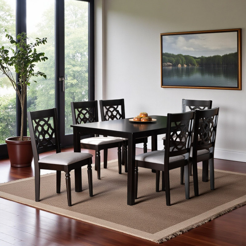 Lebanon Solid Wood Dining Set, Espresso Brown/Gray, 7 Pieces: Table, 6 Chairs