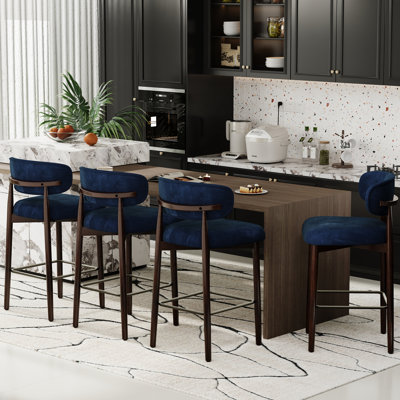 Set of 4 Bar Stools with Backs - 26 Inch Counter Height Kitchen Stools with Wood Legs, Modern Upholstered Chairs for Kitchen Island & Dining, Blue