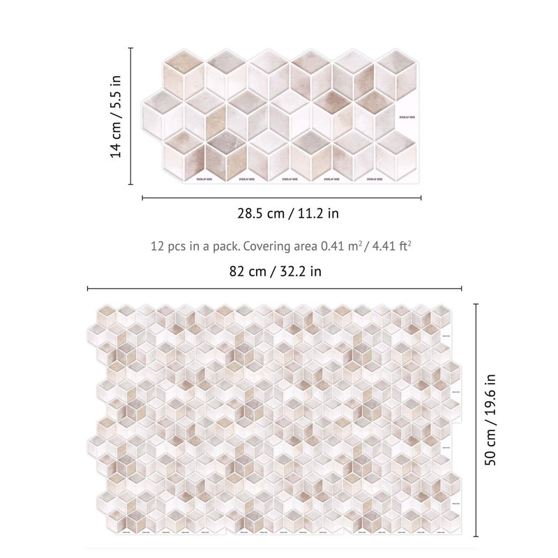 Ummi Cream Stone Hexacube Wall Tile Sticker 30.5cm W x 15.4cm L PVC 