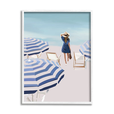 «Woman Enjoying Beach Shore Umbrellas Coastal Scene» par Amelia Noyes - peinture à cadre flottant sur bois