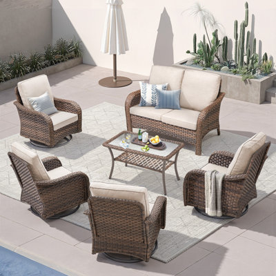 Ensemble de patio extérieur 6 pièces, causeuse en rotin toutes saisons avec chaises berçantes pivotantes, ensemble de 4 et une table basse, ensemble de conversation extérieur pour patio, porche, cour, jardin