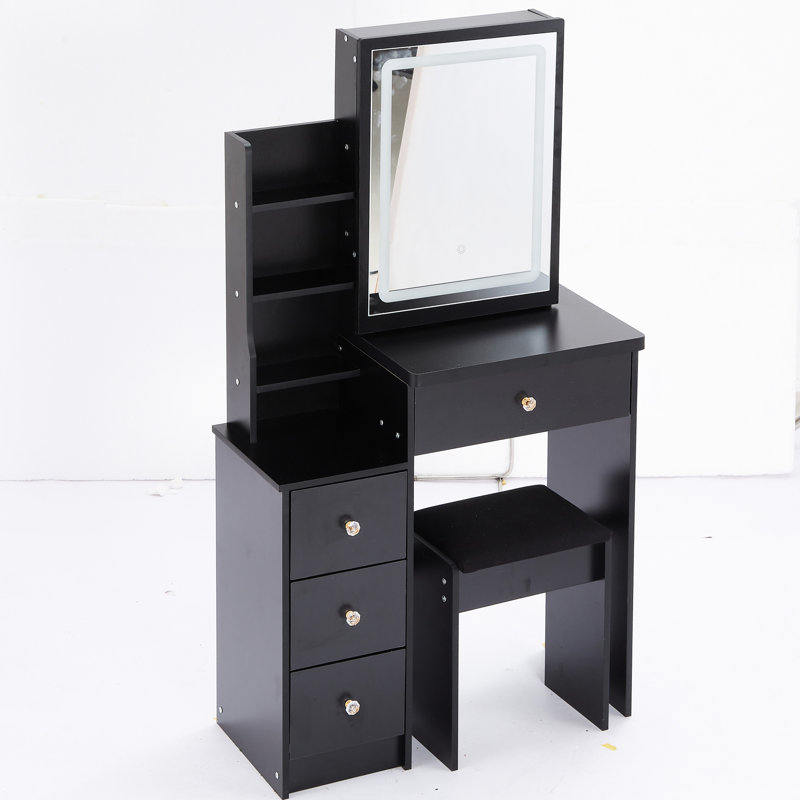 Compact Left Bedside Vanity With Led Mirror, Adjustable Brightness & Color Choices, Cushioned Seat, , Black, For Small Rooms Space- Dressing Stool Touch Control Variable And Switching, Black American
