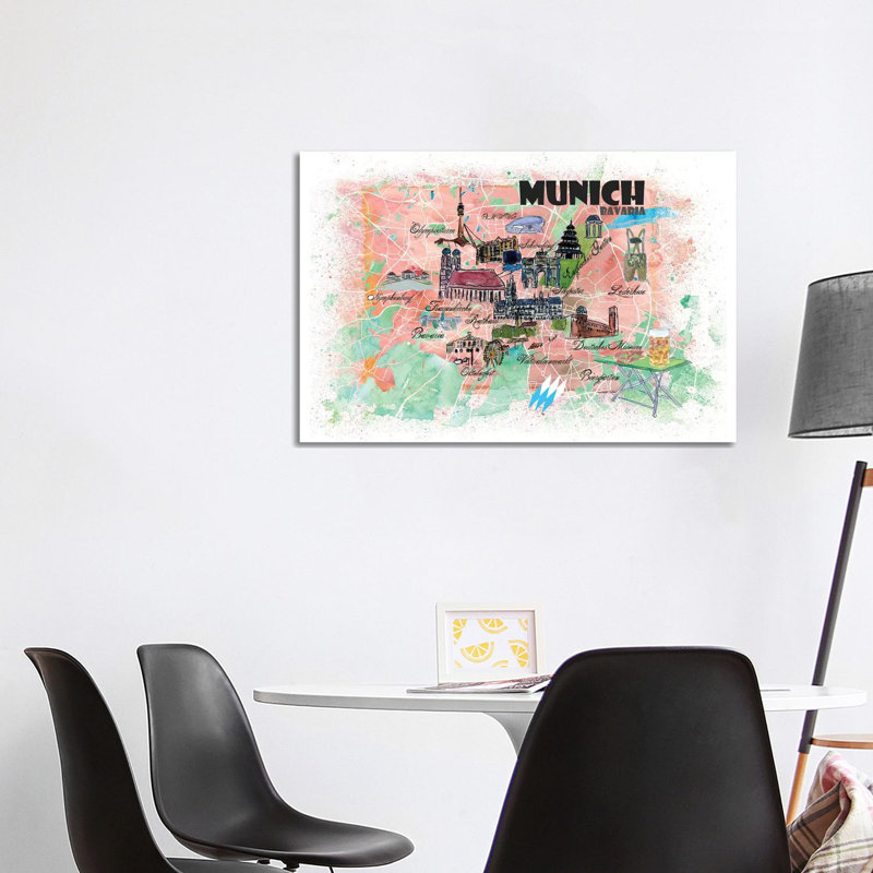 Munich Bavaria Illustrated Map by Markus & Martina Bleichner - Painting on Canvas, 66.04cm H x 101.6cm W x 3.81cm D
