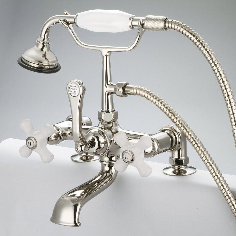 Robinet de baignoire à pattes avec douche à main Stonington, Nickel poli, Poignées croix en porcelaine