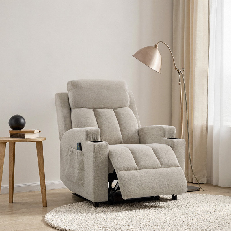 33.07" W Upholstered Manual Recliner with Massage and Heating , Oatmeal Microfiber / Microsuede