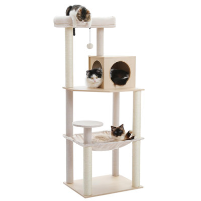 Multi-level cat tree tower with sisal-covered scratching posts, comfortable apartment, oversized hammock, and plush resting areas