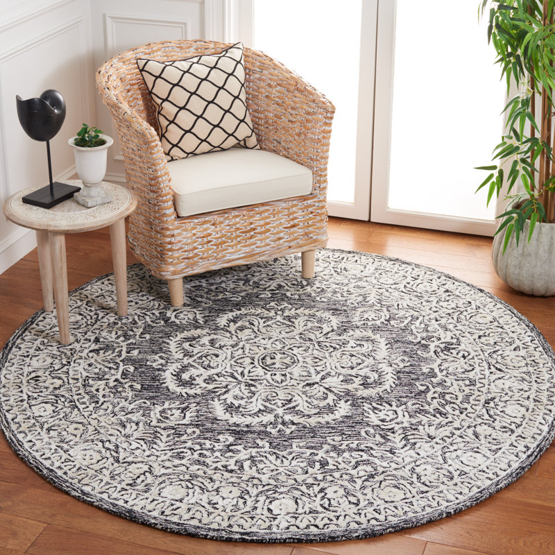 Tapis oriental en laine / soie de bambou / coton touffeté à la main avec envers en coton Bathsheeb noir / ivoire, Rond 6 pi