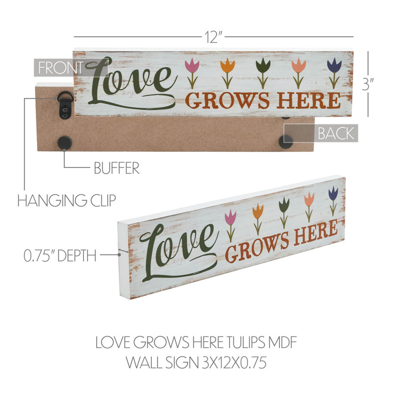 «Spring In Bloom Love Grows Here» avec panneau mural en MDF tulipes 3 x 12 x 0,75