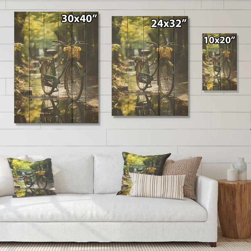 Vélo émeraude - art mural sur bois de pin naturel, H 20 po x l 10 po