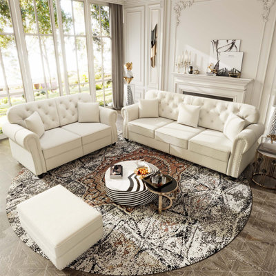 Upholstered Velvet Sofa With Nailhead Trim And Rolled Armrests, Mid-Century Modern Chesterfield Style, Includes Ottoman, Beige/White