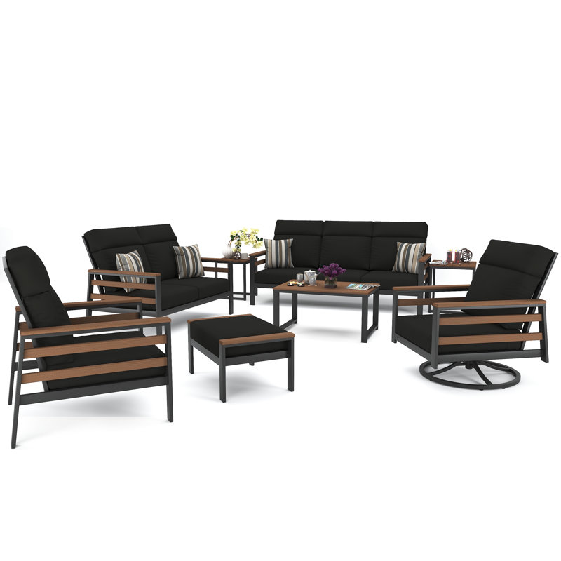 Ortez 7 Person Seating Group With Sunbrella Cushions, Dark Gray/White, Canvas Black