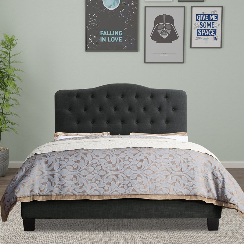Upholstered Button-tufted Platform Bed Frame with Adjustable Height Headboard, Black, King