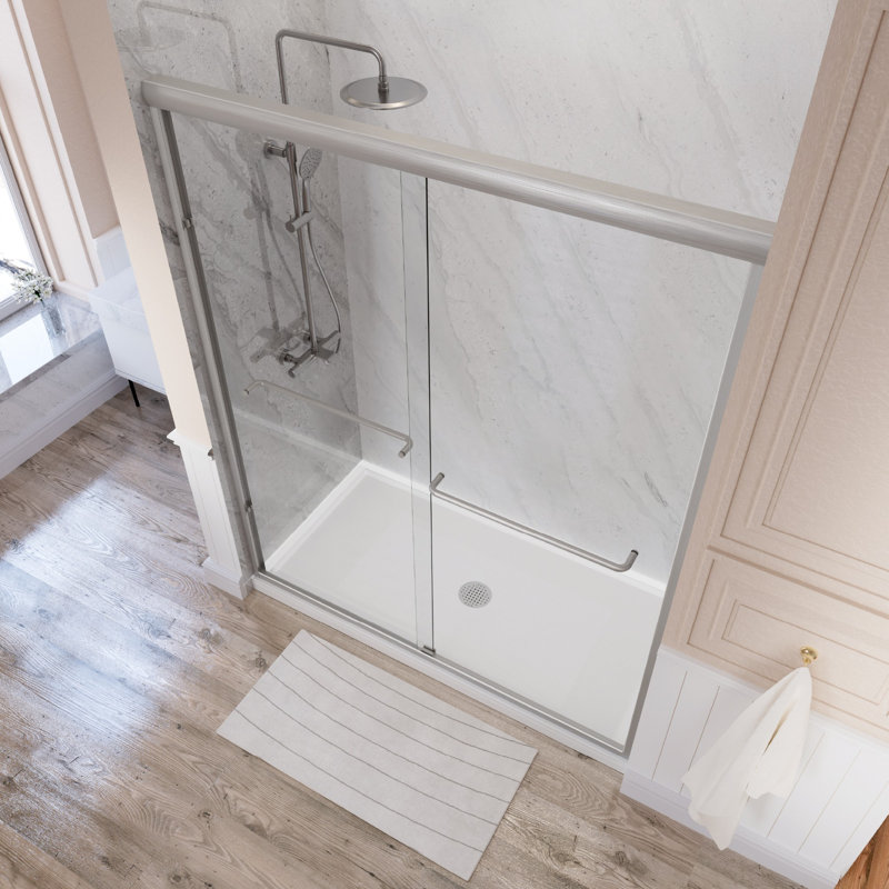 55" - 59'' W x 72'' H Double Sliding Door Semi-Frameless Shower Door With Two Towel Bars, Brushed Nickel, Clear