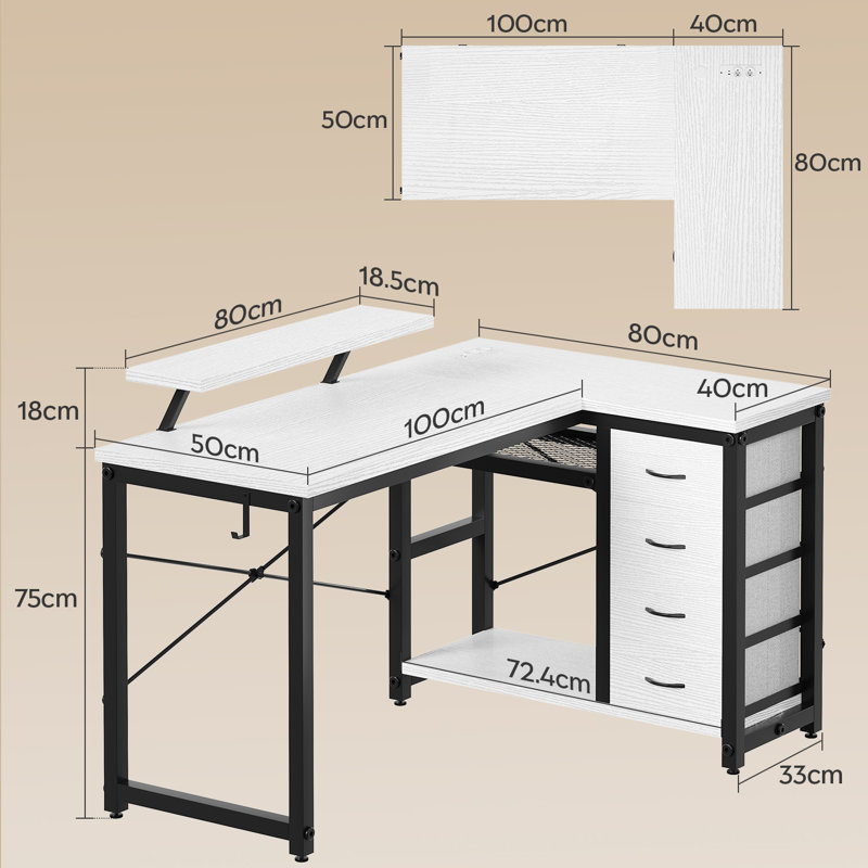 L-Shaped Metal Base Computer Desk, White