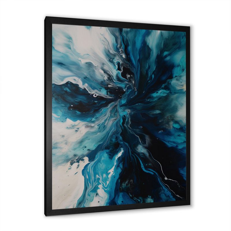 Art sur toile abstrait bleu sarcelle et noir - fantaisie II, Cadre simple noir, H 40 po x l 30 po x P 1,5 po