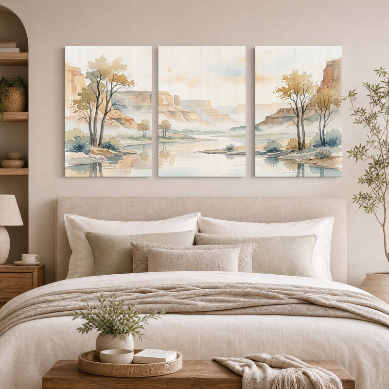 Ensemble de 3 aquarelles sur toile représentant des arbres d'automne et un canyon., 24"H x 16"W x 3pcs