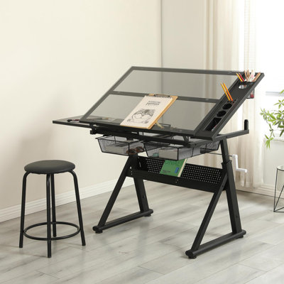 Hand Crank Adjustable Tempered Glass Drafting Drawing And Printing Table With Chair And Storage Space For Living Room, Study, Bedroom