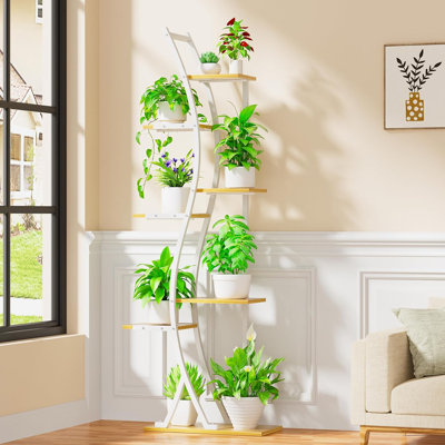 7 Tiered Indoor Metal Plant Stand with Grow Lights, Large S-Shaped Wooden Corner Flower Rack