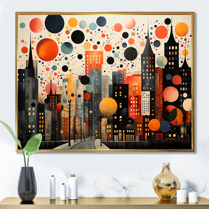 Orange, paysage urbain Art déco III - Art mural déco ville, Cadre flottant doré, H 12 po x l 20 po x P 1 po