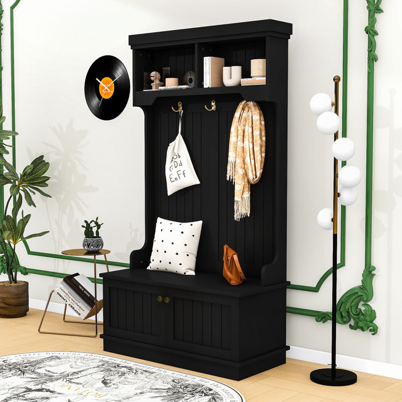 Modern Hall Tree with Hooks, Shoe Bench, Storage Cabinet and Display Shelves, Black