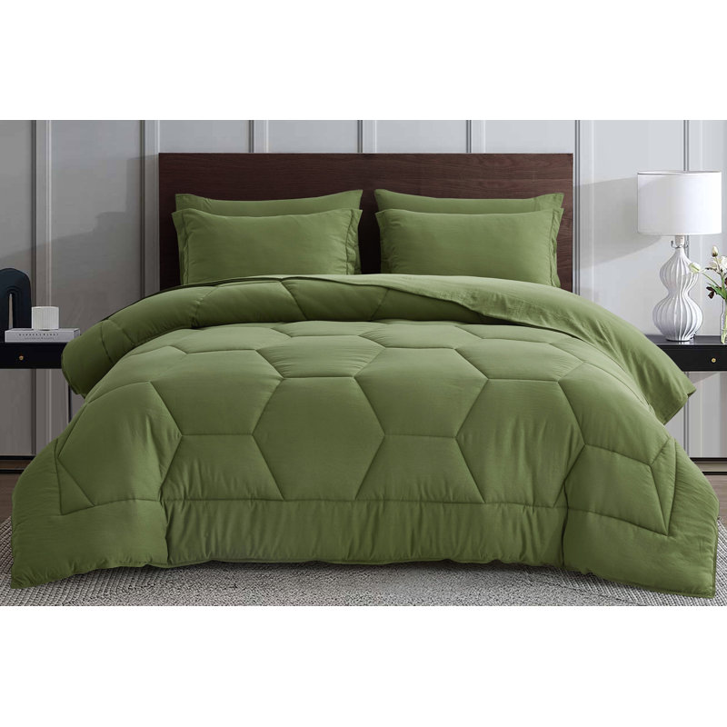 Washed Microfiber 7-Pieces Honeycomb Comforter Set with Sheets, King Comforter + 6 Additional Pieces, Olive Green