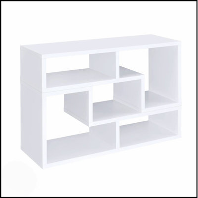 Convertible TV Console And Bookcase With Asymmetrical Shelves, Sleek White Finish, Versatile And Stylish For Modern Living Spaces.