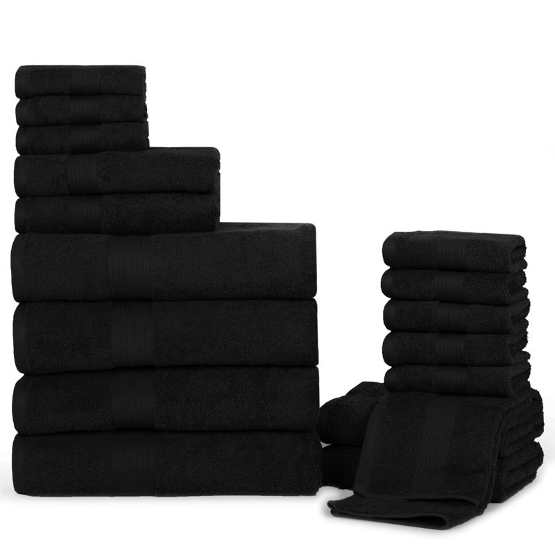 Ensemble de serviettes 100% coton doux et épais Como, Noir, Ensemble de serviettes 18 pièces