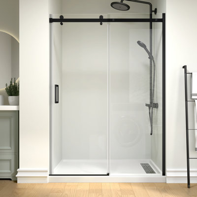 50" - 54" W x 74" H Single Sliding Frameless Shower Door in Matte Black Finish with 5/16" (8mm) Clear Tempered Glass