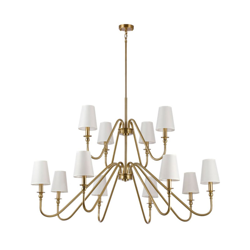 55" Wide 12-Light 2-Light Chandelier with Beige Fabric Shades, Or