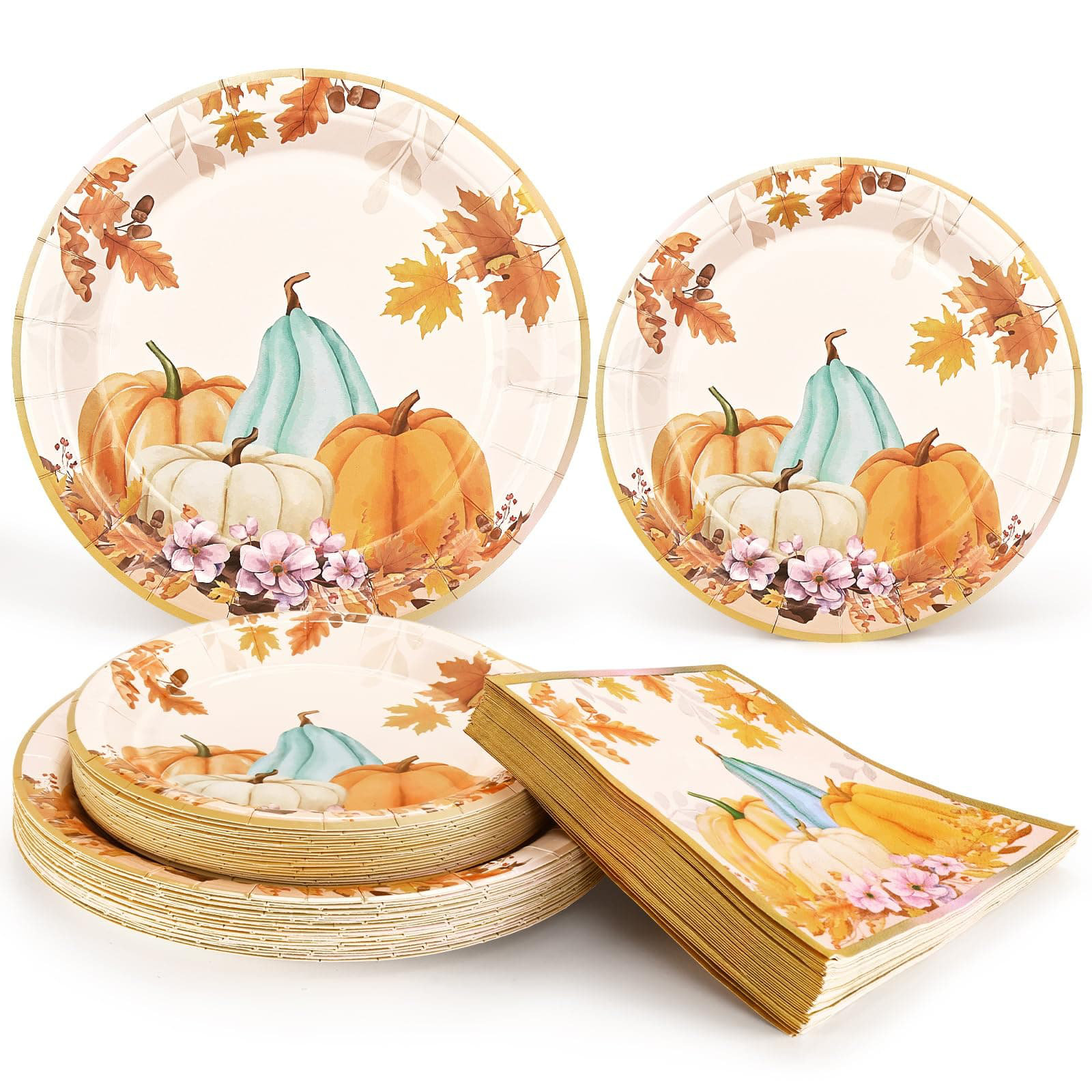 The Holiday Aisle® Fall Paper Plates, Napkins,Thanksgiving Sets,Autumn Pumpkins,Disposable, Heavy Duty, 200 Pcs | Wayfair