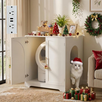 29.92"W Large Litter Box Enclosure for Self-Cleaning Litter Box, Modern Curved-Edge Cat Litter Robot Enclosure, Cat House Furniture with Power Outlet and Magnetic Door, White