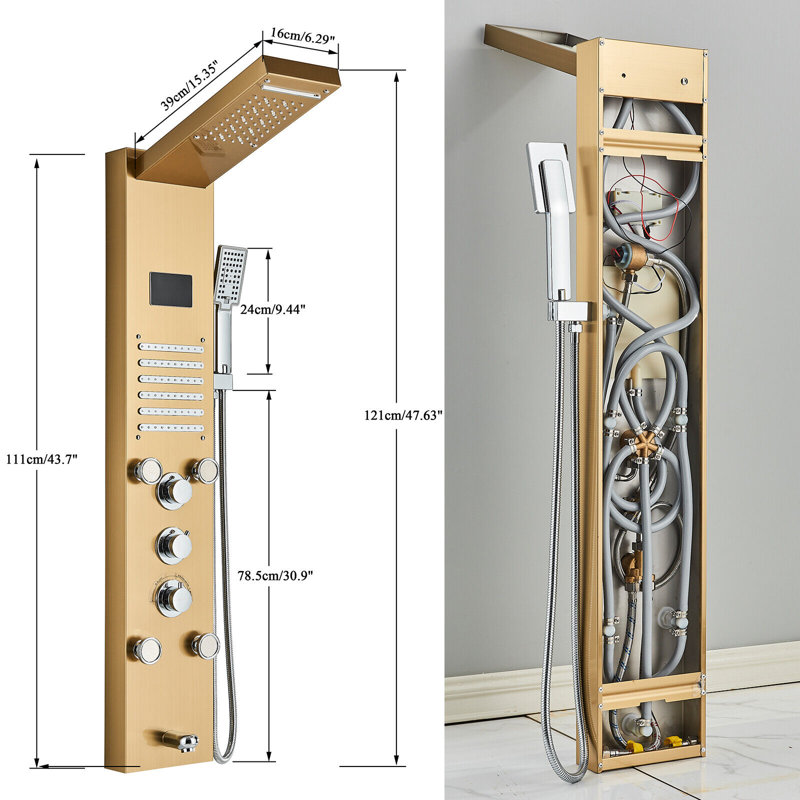 LED Shower Panel Tower Rain&Waterfall Massage Body Jets System Stainless Steel, Brushed Gold