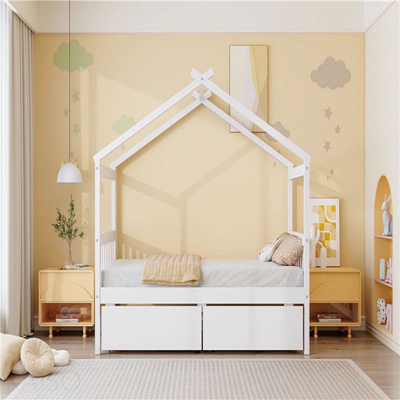 Lit simple en bois avec tiroirs, blanc