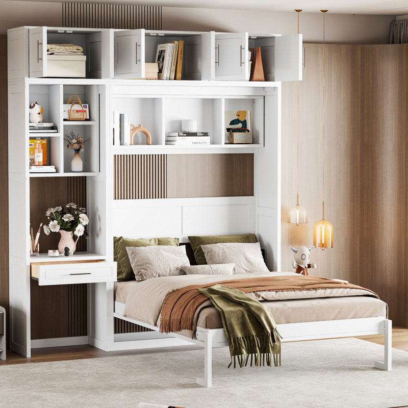Lit escamotable avec bureau intégré et rangement, Double , Blanc