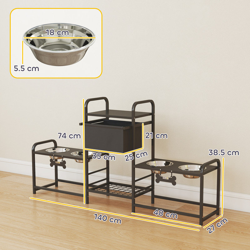 Station d'alimentation pour chien à hauteur ajustable avec deux ensembles de bols, un grand tiroir de rangement et des tablettes à plusieurs niveaux pour les maisons multi-animaux