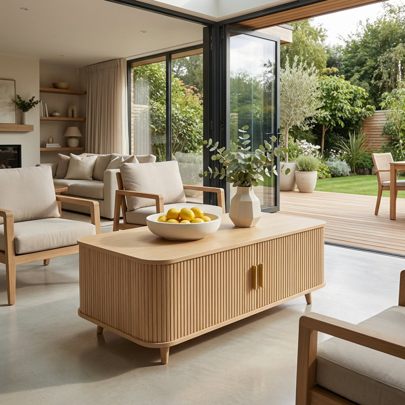 Table basse contemporaine avec portes tambour et tablettes ouvertes