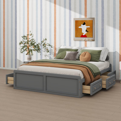Wood Queen Size Platform Bed Frame With Six Drawers