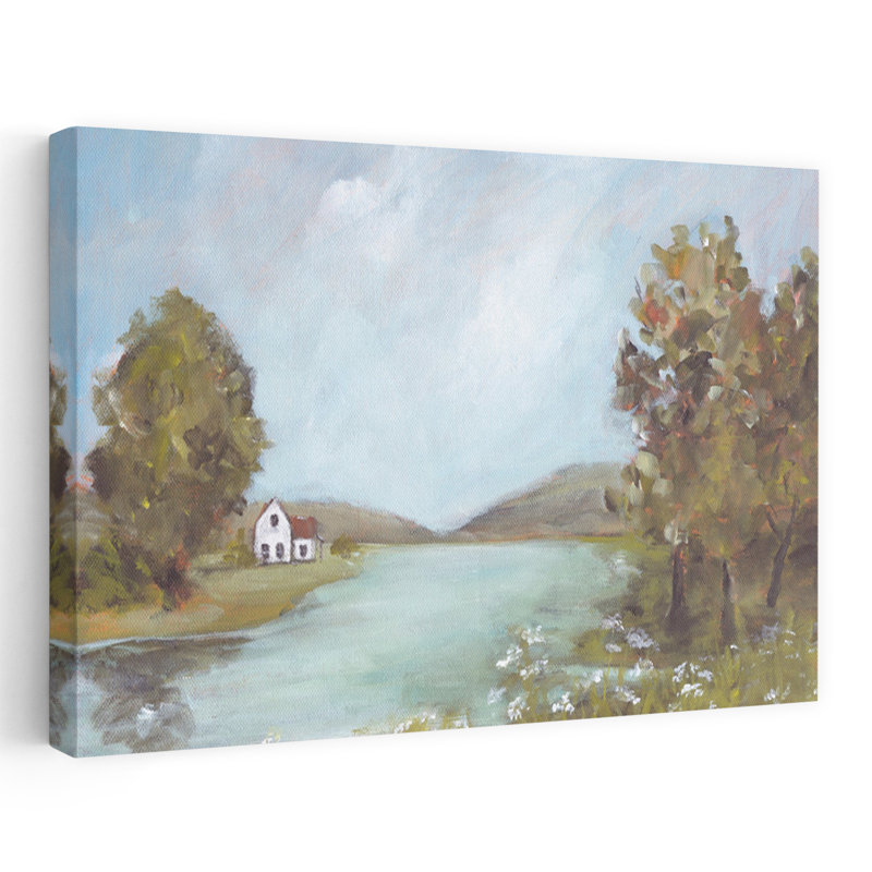 The Pond - Contemporary Lakeside House Calm Water Reflections Art, H 24 po x l 36 po