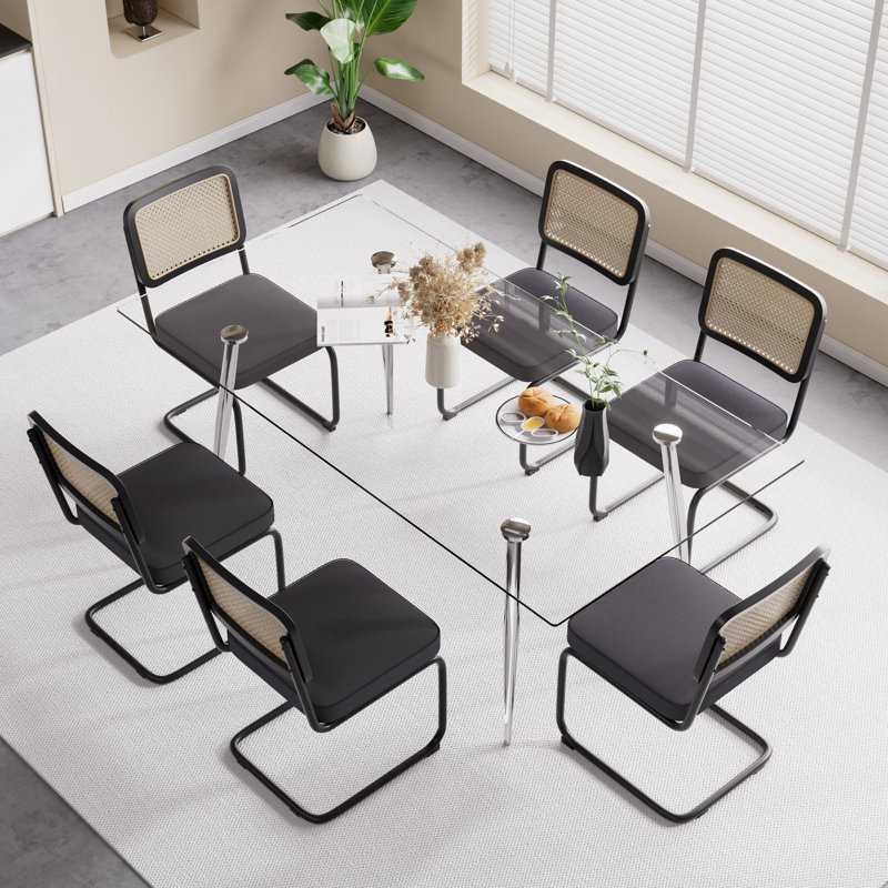 Ensemble de salle à manger 71 pouces avec plateau en verre et chaises en velours, Noir, noir, noir, noir, 7