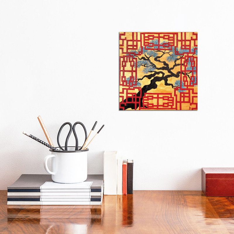 Gnarled Tree And Red Lattice Screen by Berit Bredahl Nielsen - Wrapped Canvas Print, 30.48 cm H x 30.48 cm W