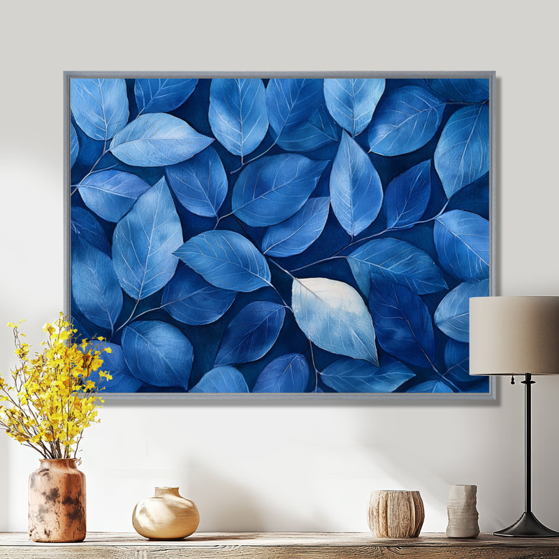 Indigo feuilles feuillage collage II - feuilles grand art mural, H 12 po x l 20 po, Argent argent