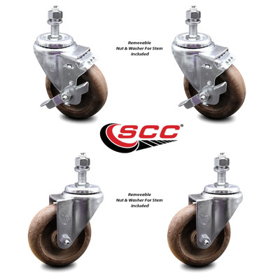 4 Inch_High Temp Glass Filled Nylon ½ Inch Threaded Stem Caster Set 2 Brakes SCC