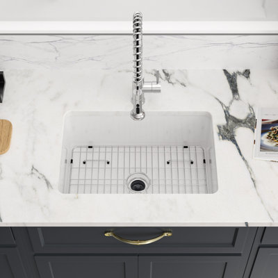 Ceramic 30" L x 18" W Rectangular White Single Basin Fireclay Undermount/Drop-In Kitchen Sink with Sink Grid and Strainer