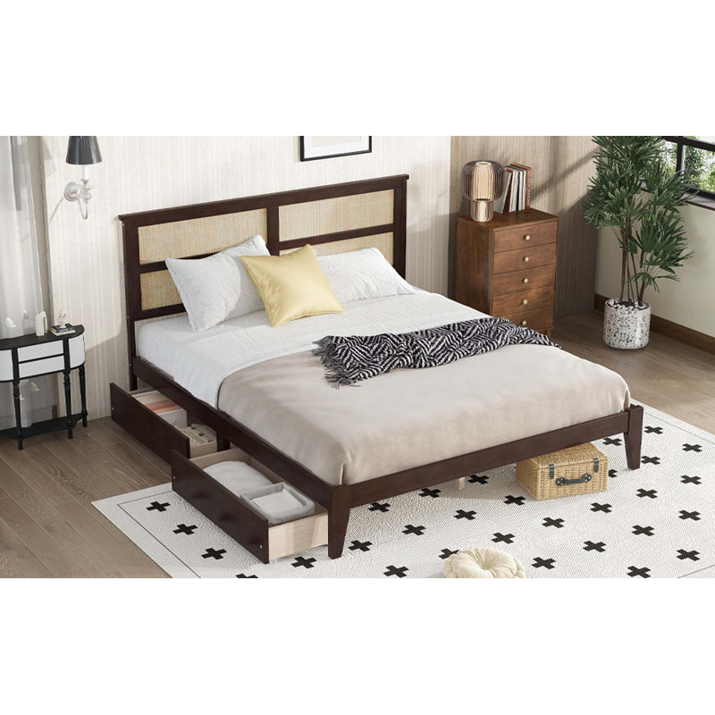 Très grand lit avec tête de lit en rotin, deux tiroirs de rangement, lit en bois d'hévéa avec pieds et pieds de soutien améliorés