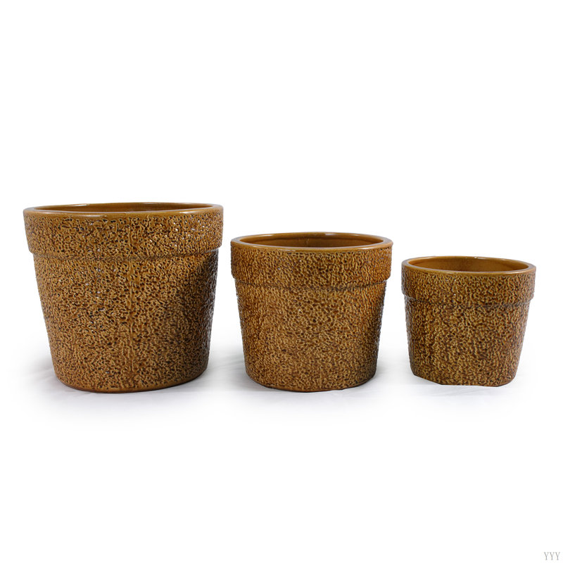 3 pots de fleurs en céramique, pot de fleurs moderne pour patio, jardin ou rebords de fenêtre, Jaune antique