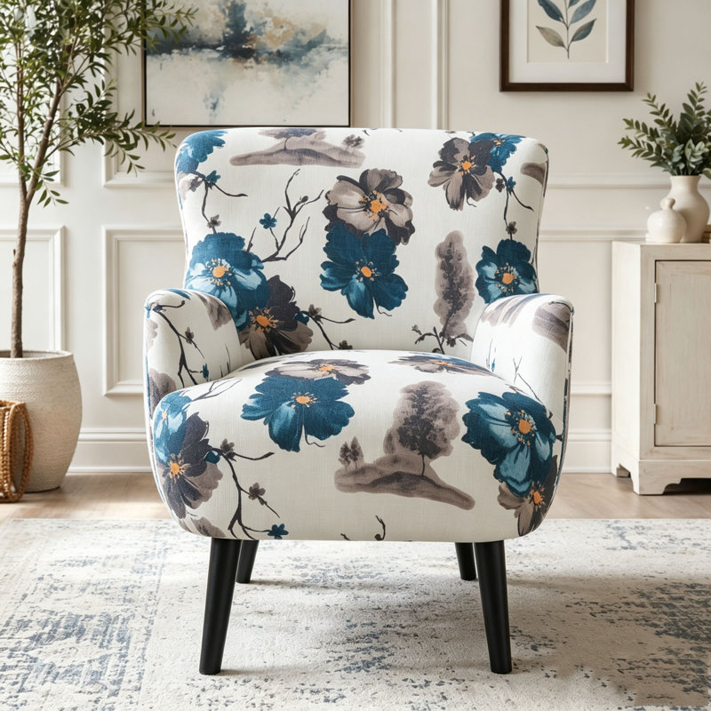 Fauteuil moderne avec coussins moelleux et pieds en bois d'hévéa, Blanc / Bleu