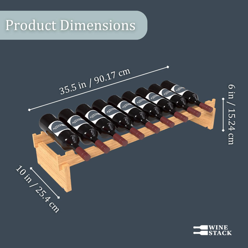 Wine Stack 9 Bottle Bamboo Stackable Rack, 6" H x 35.5" W x 10" D